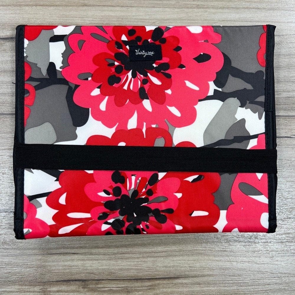 Thirty One Travel Organizer Red Floral Tri Fold Jewelry Makeup Case Bag Pouch
